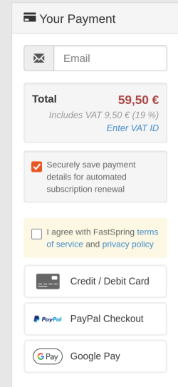 Screenshot of FastSpring checkout payment box.