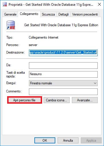 Proprietà del link Get Started With Oracle Database