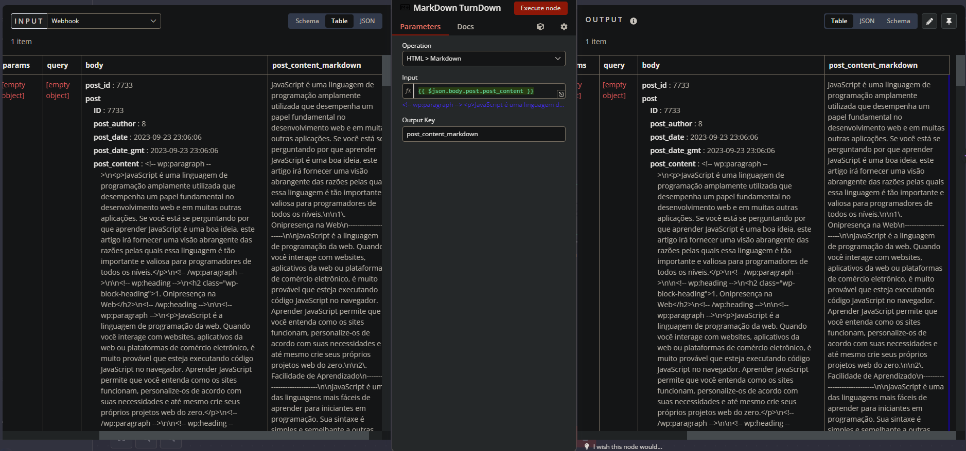 MarkDown TurnDown working in n8n, converting HTML to Markdown, with line wrapping and standard visual style from the TurnDown library