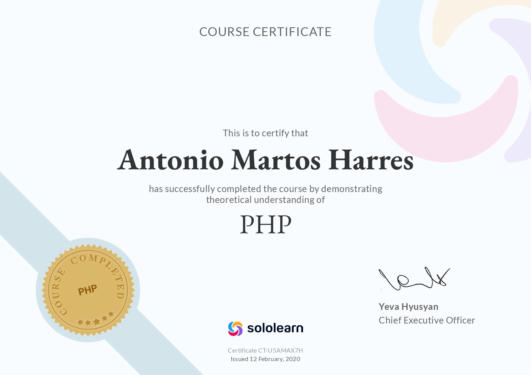 Certified in PHP - SoloLearn