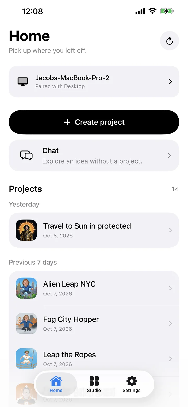 Glowbom on iPhone with a paired Mac, project creation, chat, and recent projects