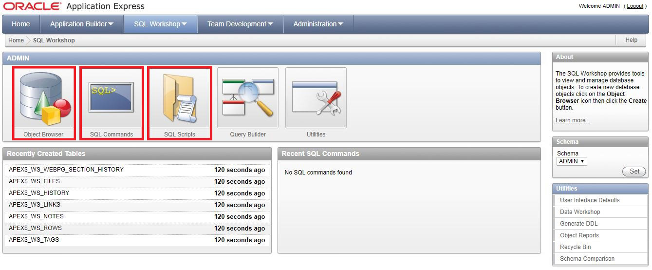 Scelte disponibili in SQL Workshop