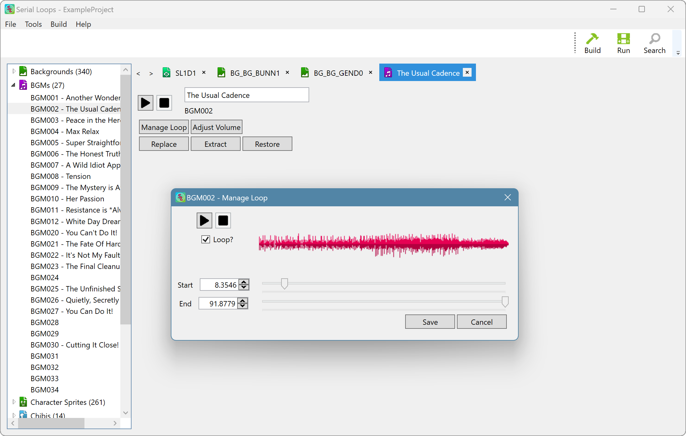 Screenshot of the Serial Loops sound editor, featuring a modal widget with a sound wave graph. Buttons to start and stop playback are present, as are sliders and a checkbox to enable looping and adjust the track loop start and end points.