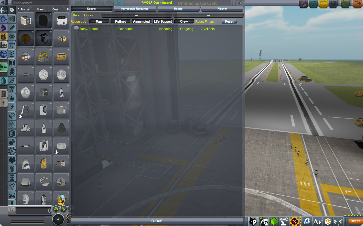 VAB scene showing WOLF Dashboard open to Depots pane