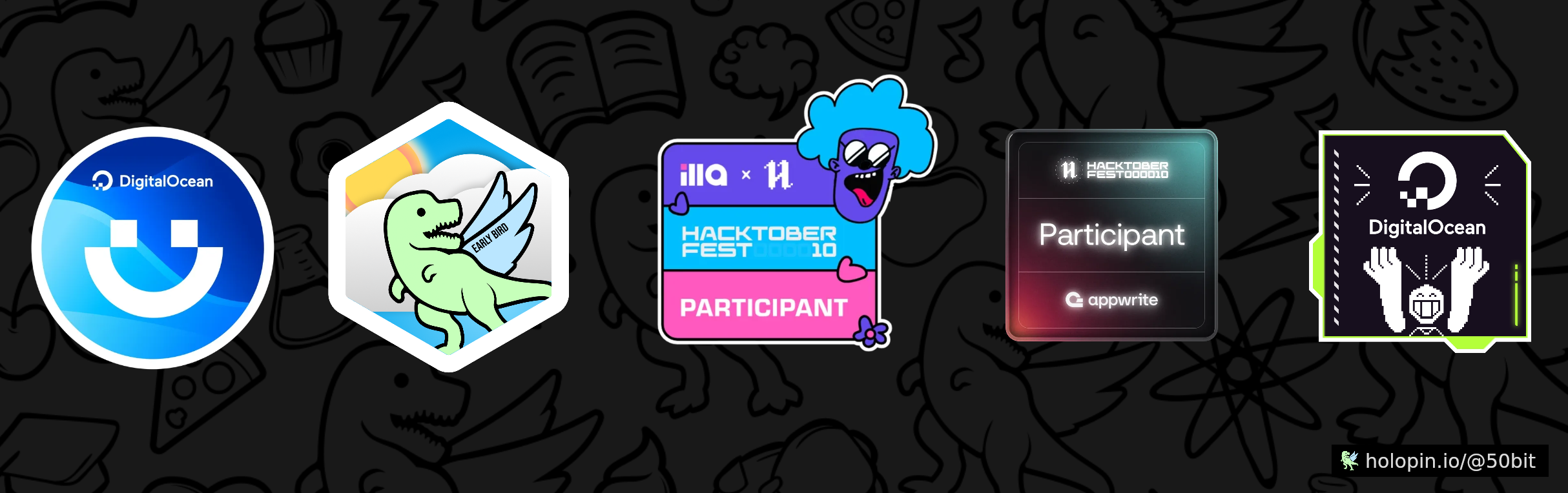 An image of @50bit's Holopin badges, which is a link to view their full Holopin profile