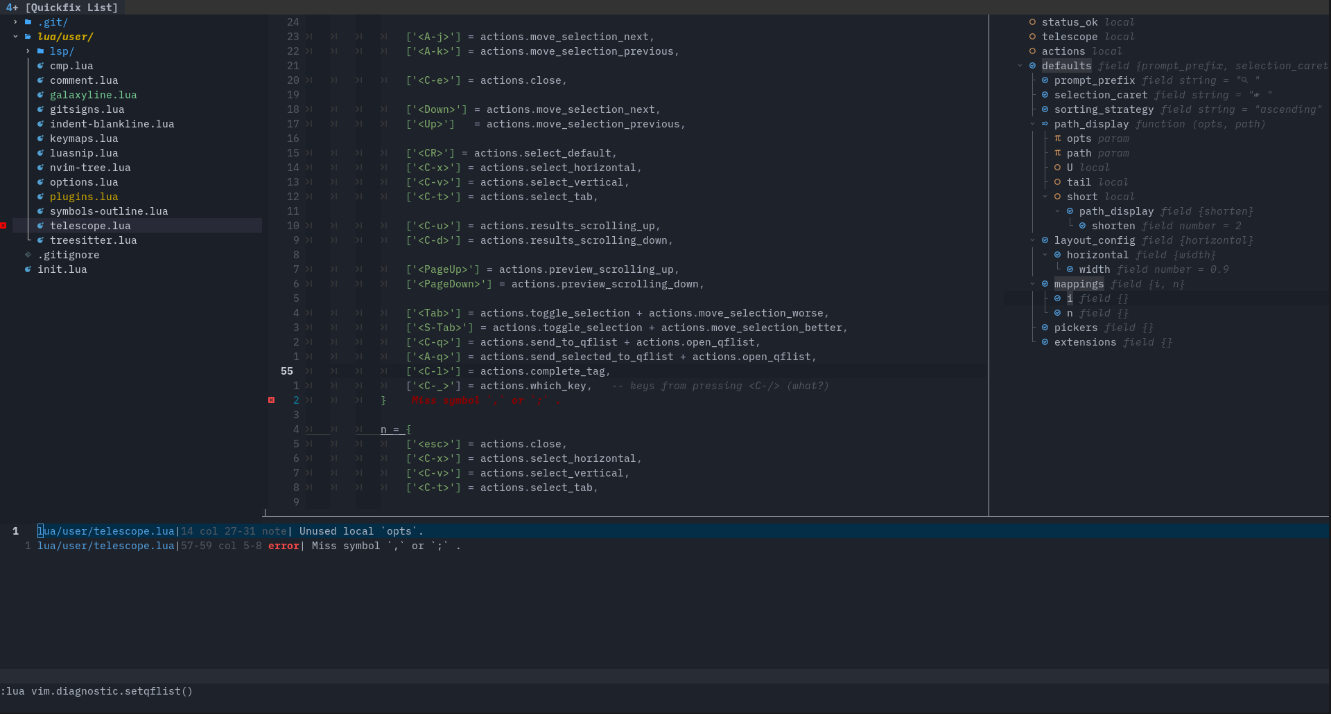 quickfix list opened across the bottom of neovim via :botright copen