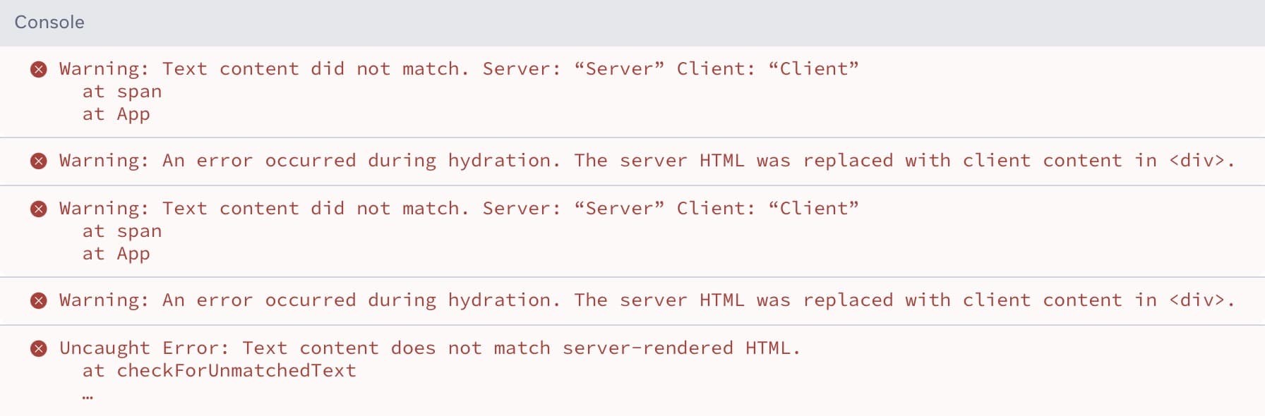 Example of a hydration error message in React 18.