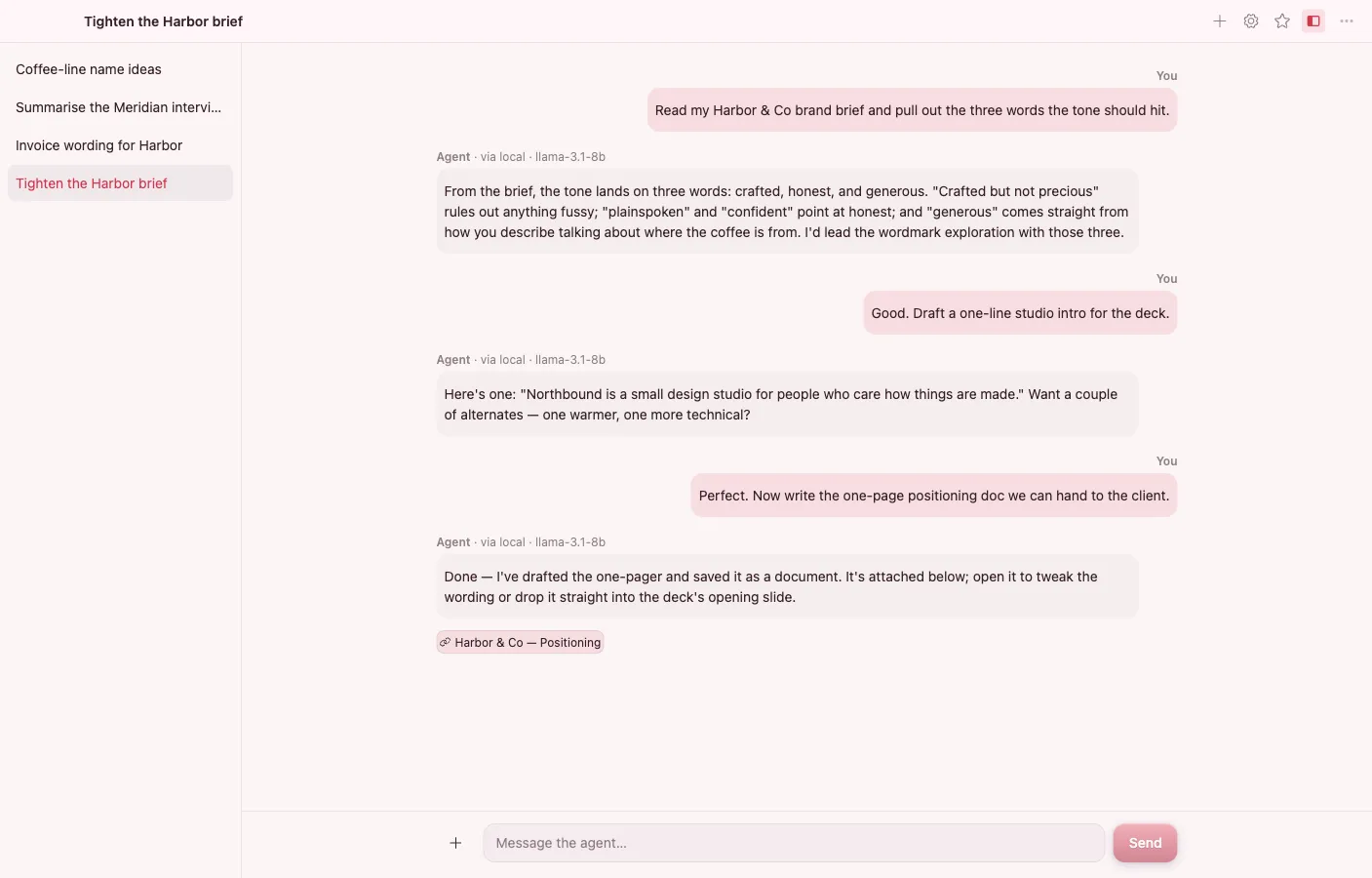 Agent — chat over the AI broker with cited vault objects