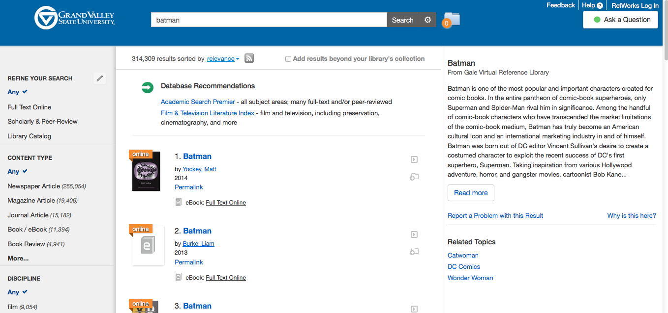 Summon search results page with Topic Explorer on the right