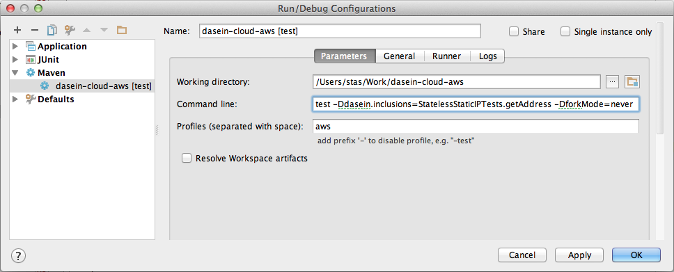 Dasein launch configuration in IntelliJ