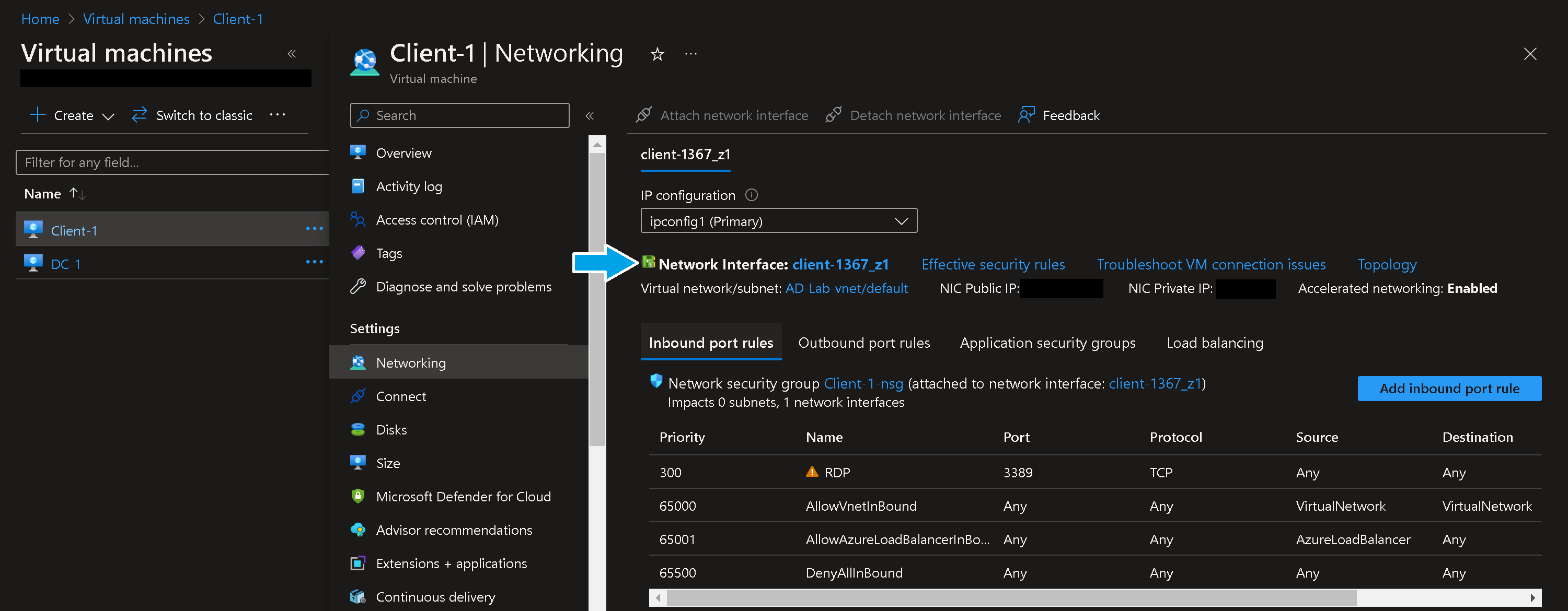 select network interface client 1