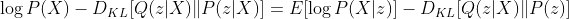 \log P ( X ) - D _ { K L } [ Q ( z | X ) | P ( z | X ) ] = E [ \log P ( X | z ) ] - D _ { K L } [ Q ( z | X ) | P ( z ) ]{\color{Red} }