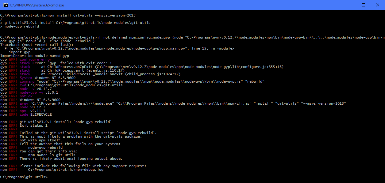 npm install git-utils --msvs_version=2013