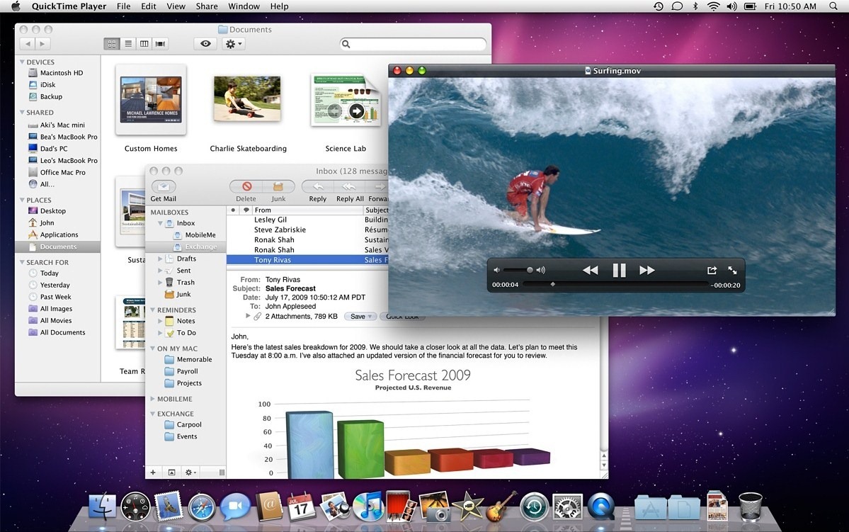 Screenshot of the Snow Leopard operating system with 3 windows open