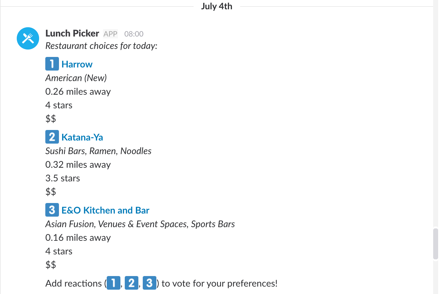 An example Slack post with restaurant picks from Lunch Picker running as an 8am monitor.