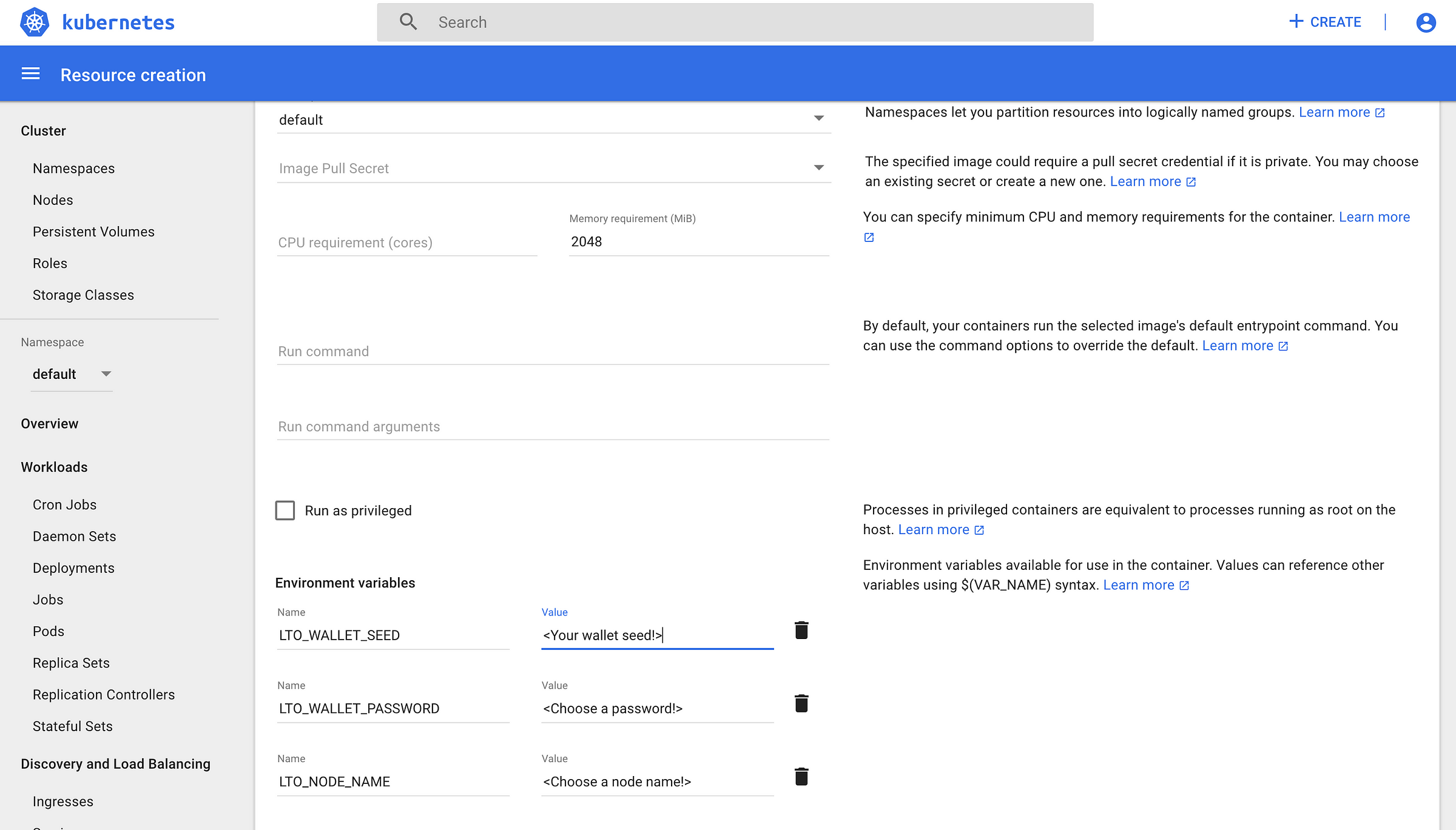 IBM Cloud — Kubernetes new application configuration of memory and environment variables