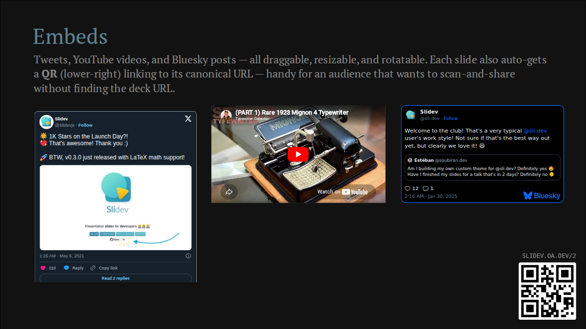 Draggable Tweet, YouTube, and Bluesky embeds