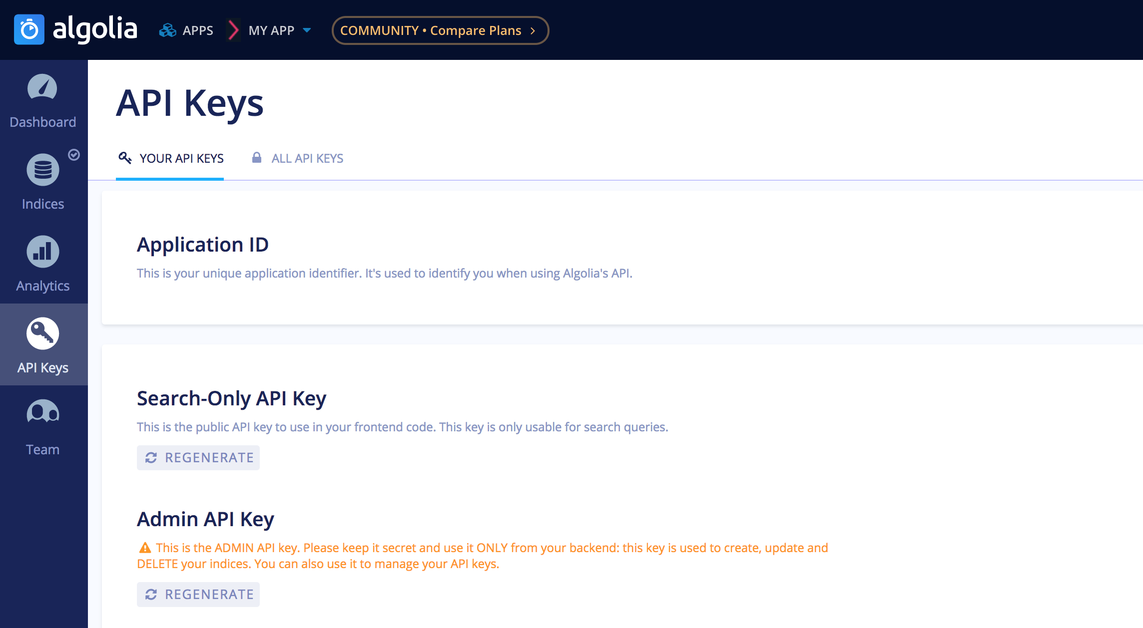 Algolia dashboard API Keys page