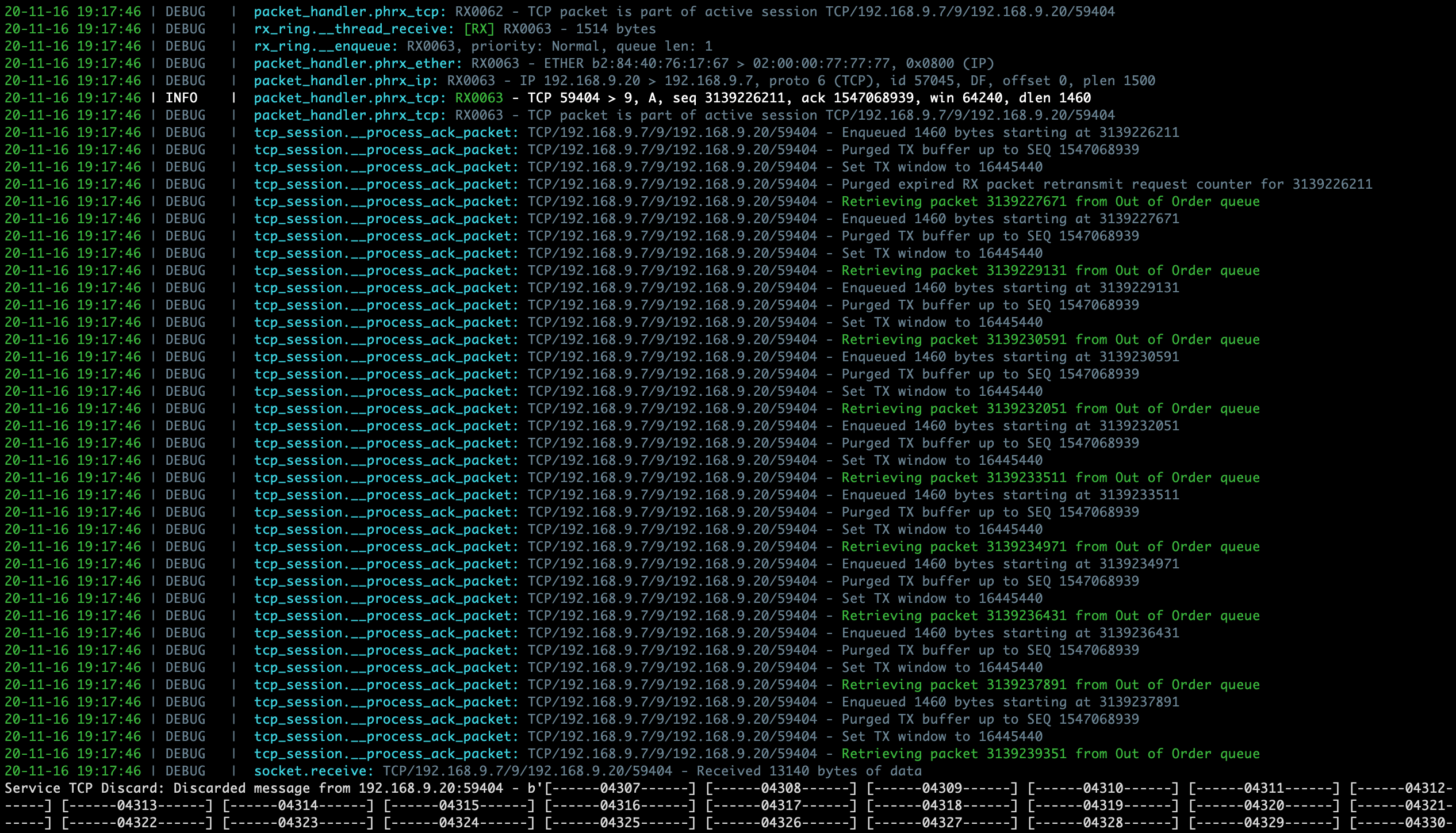 Sample PyTCP log output