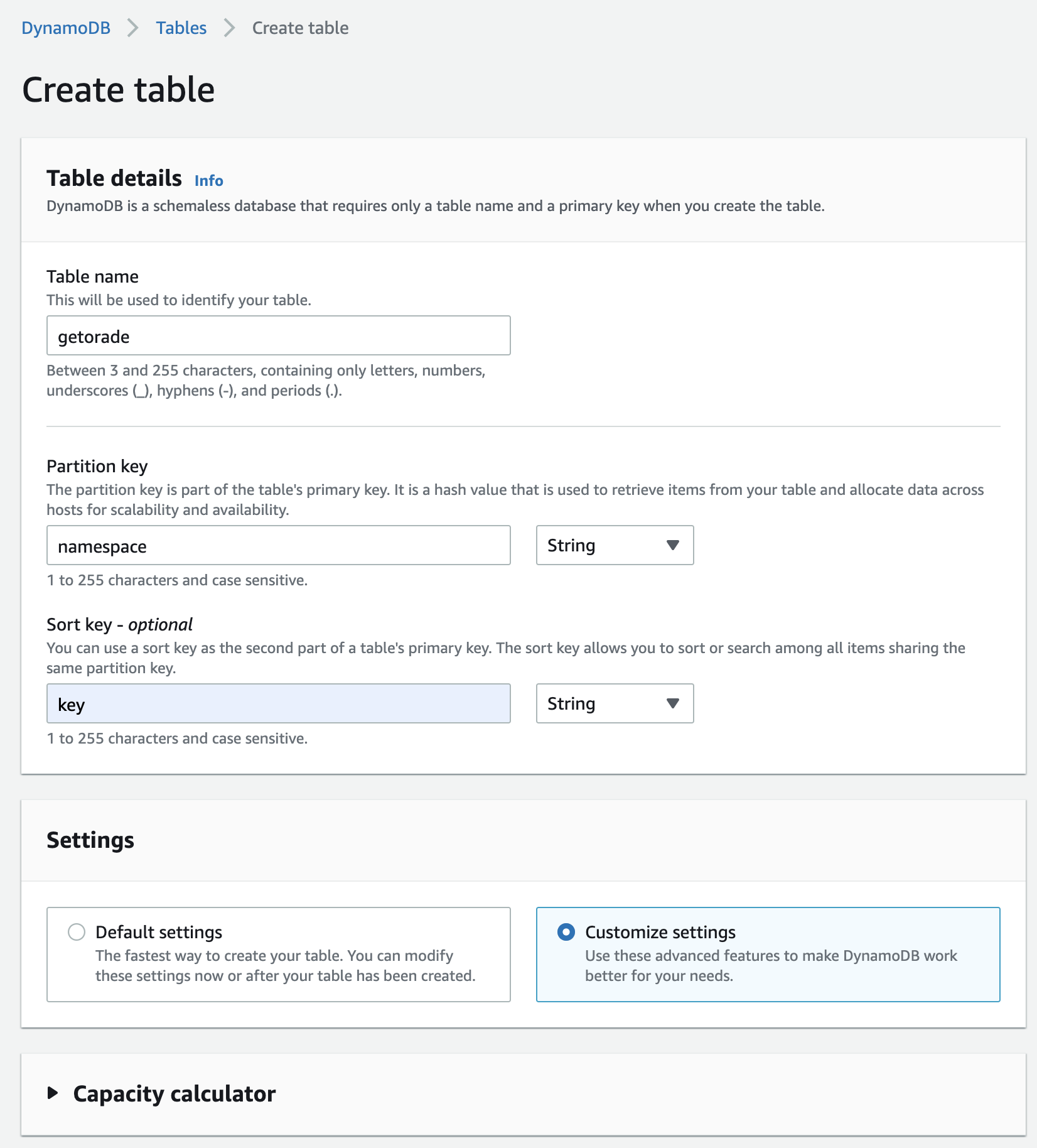 Setup Partition Key and Sort Key