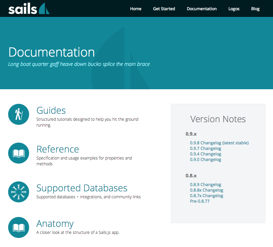 Screenshot of the www.sailsjs.org website