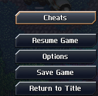 pause menu with Cheats button