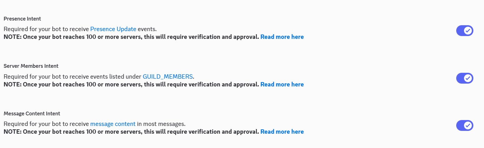 Presence Intent, Server Members Intent, Message Content Intent screenshot