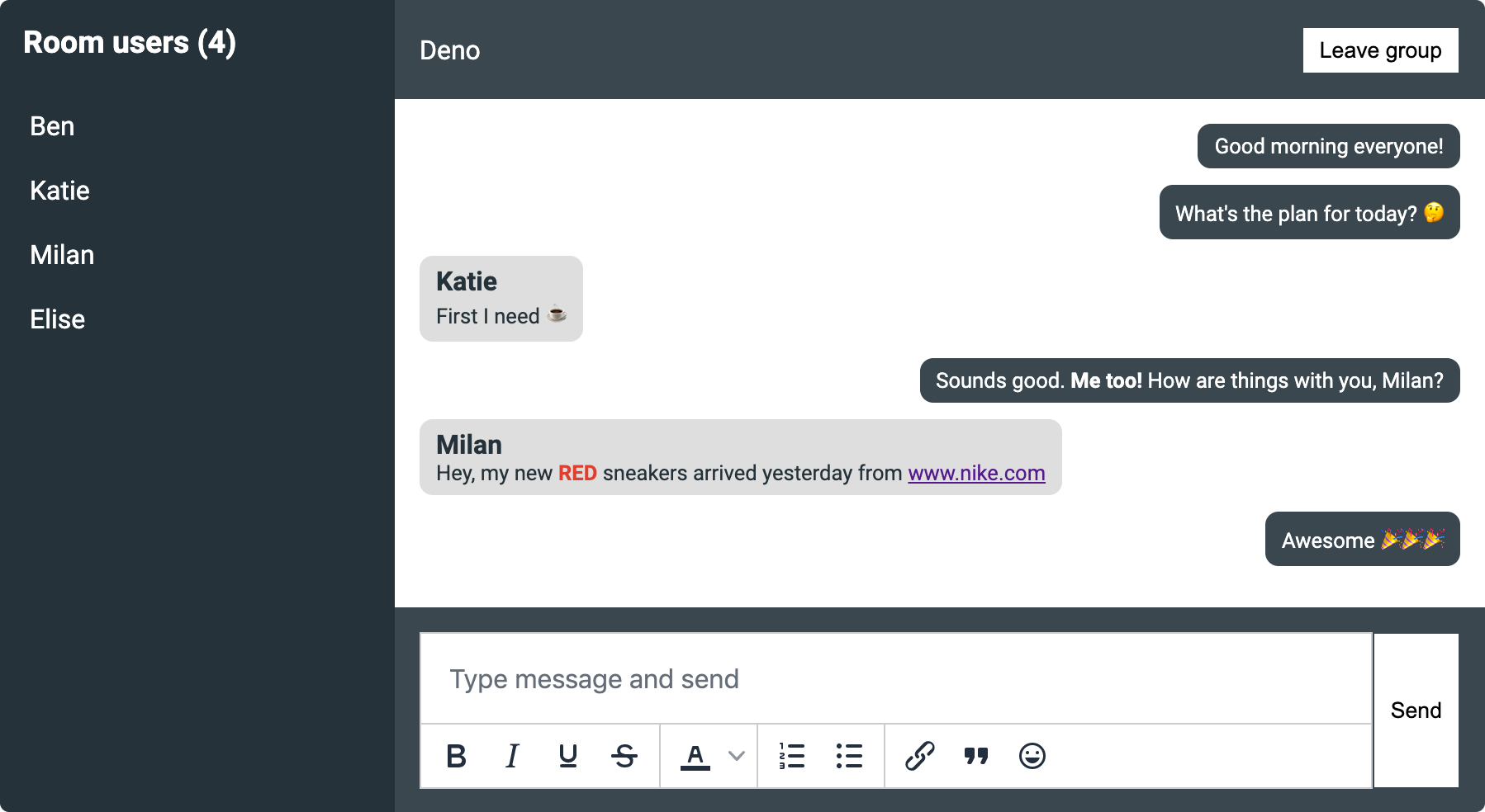 Deno chat app with WYSIWYG HTML editor