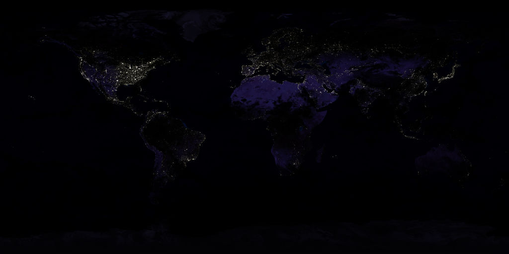 A flat map of Earth at night with clouds obscuring the lights usually visible in populated areas