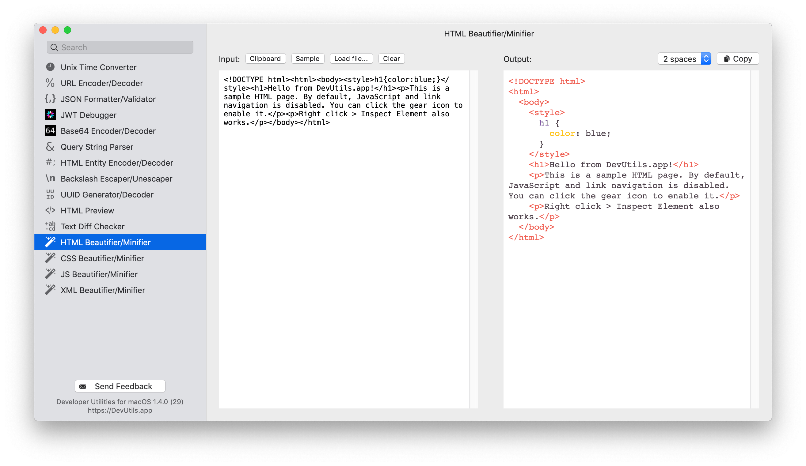 DevUtils.app: HTML Beautifier/Minifier macOS app