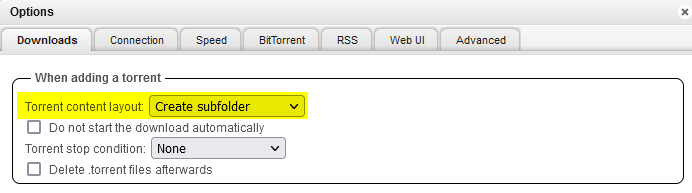 qBittorrent Folder settings page