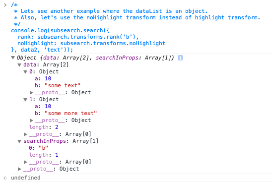 output of using subsequence.search on an object with rank and noHighlight transforms