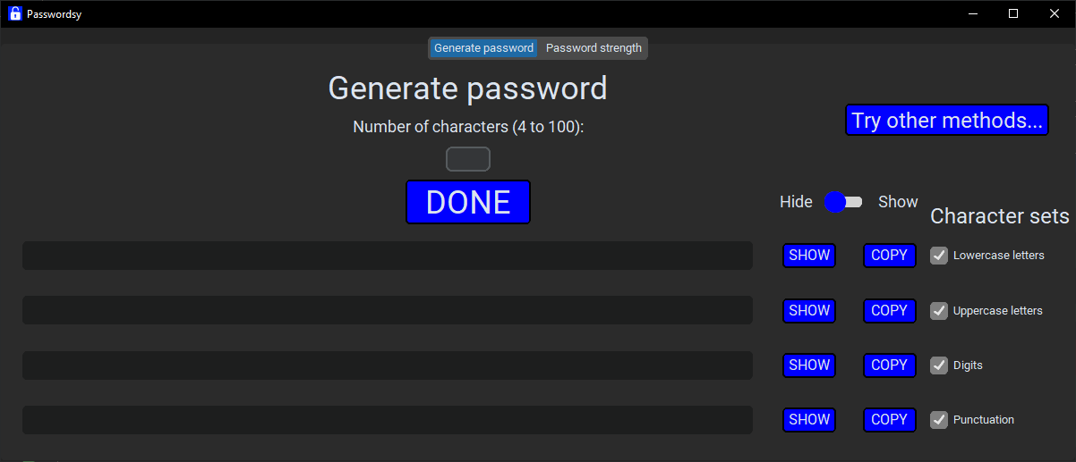 New dark-mode password-generation interface