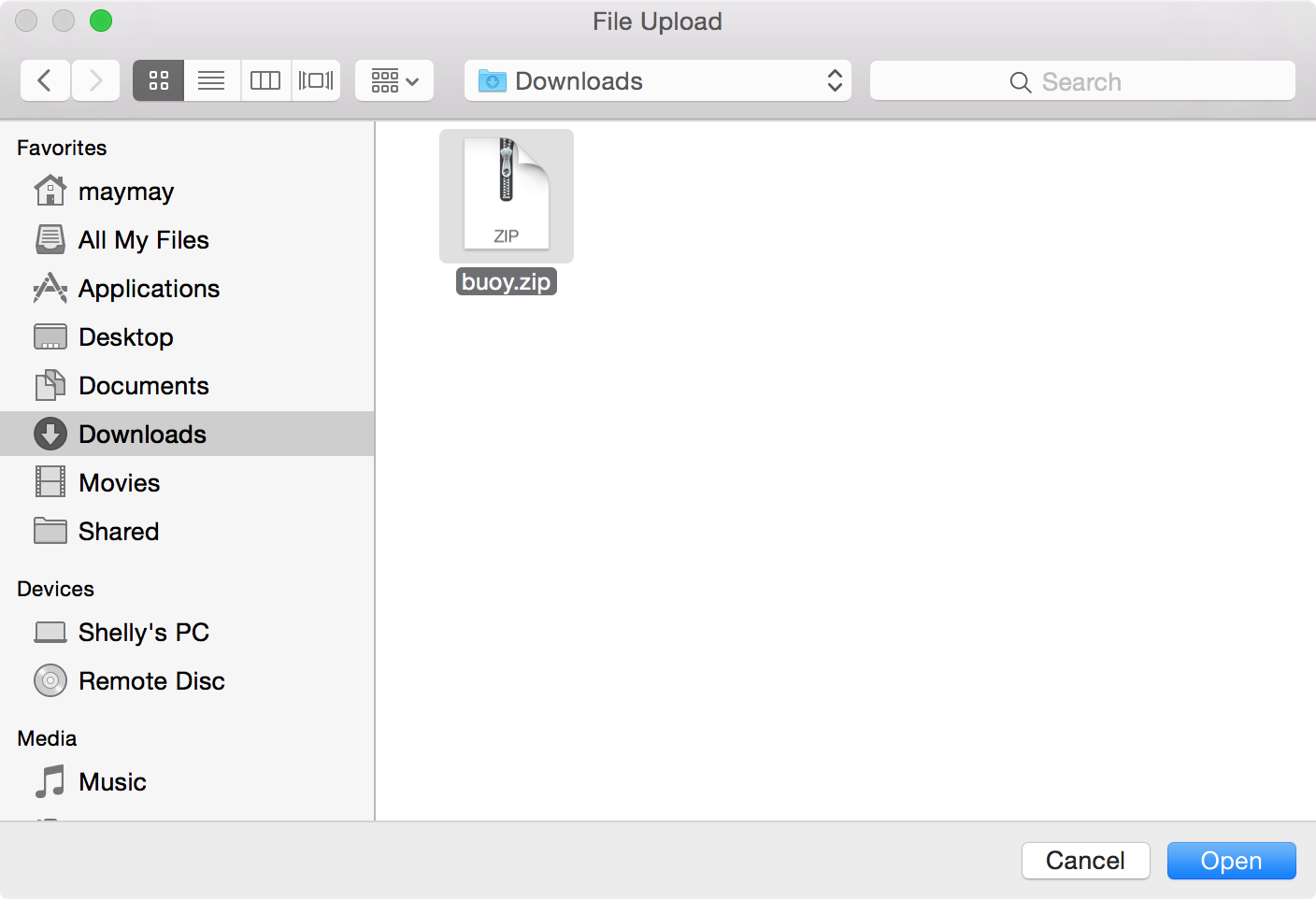 Screenshot of File Upload chooser with Buoy plugin selected.