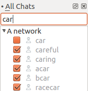 Screenshot of Quassel after these changes showing the All Chats buffer list, filtering on 'car', with the PMs created as per the example setup