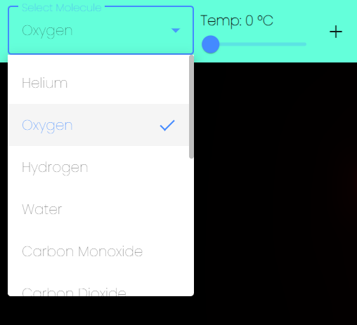 Dropdown for selecting molecule, slider for temperature, button to add molecules.