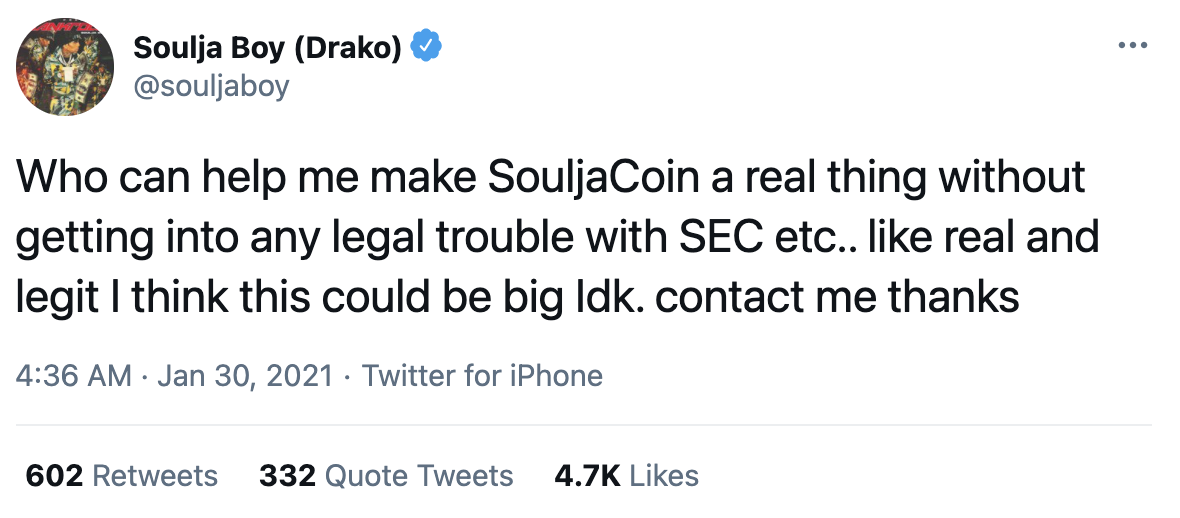 SouljaBoy SouljaCoin tweet