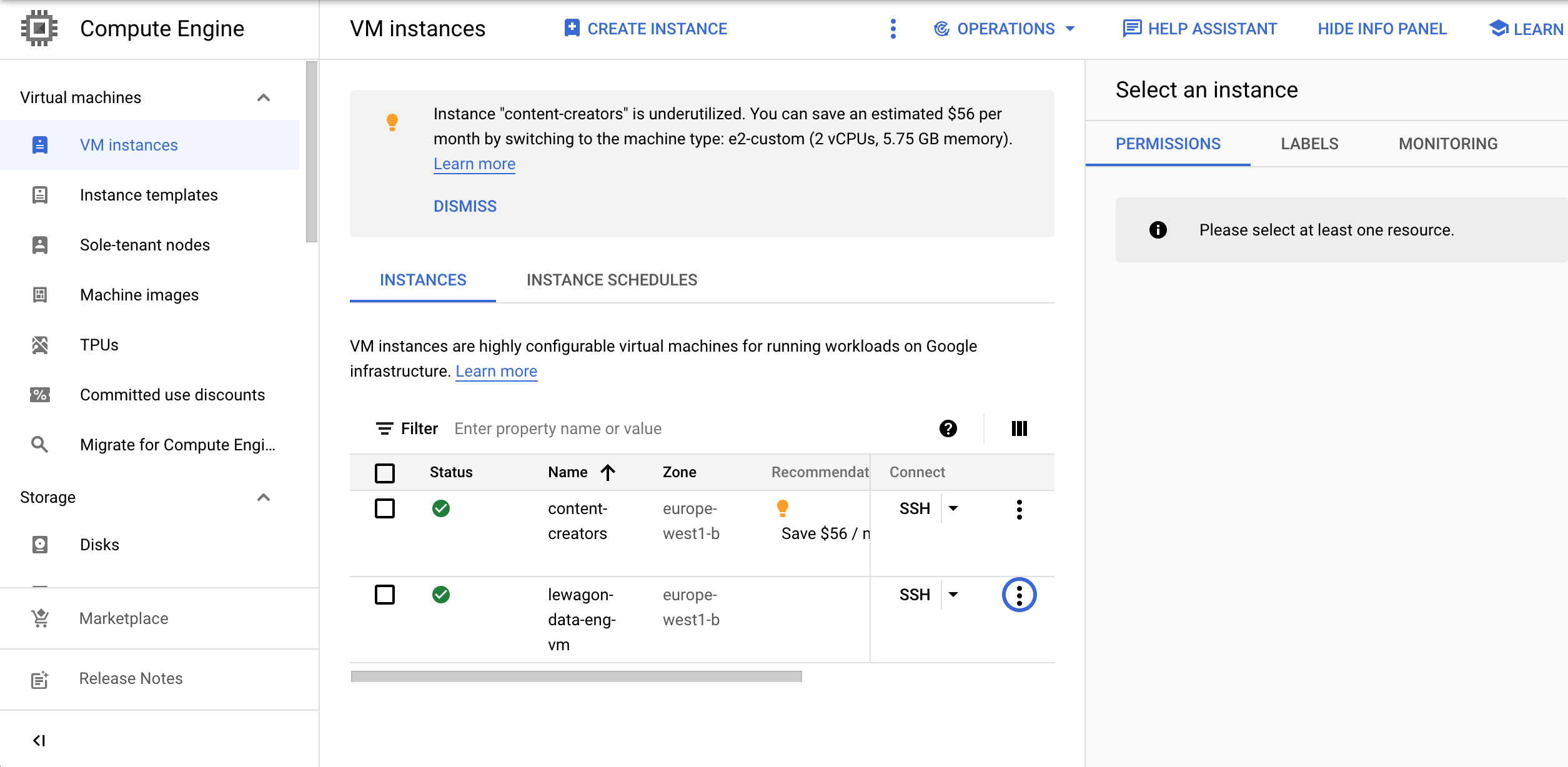 gcloud-console-vm-instance-running