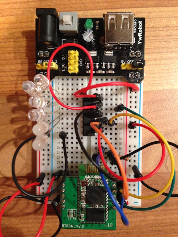 Breadboard, BeeWi Bluetooth pins, Shift register, LEDs, Transistor, Resistor, Jumpers