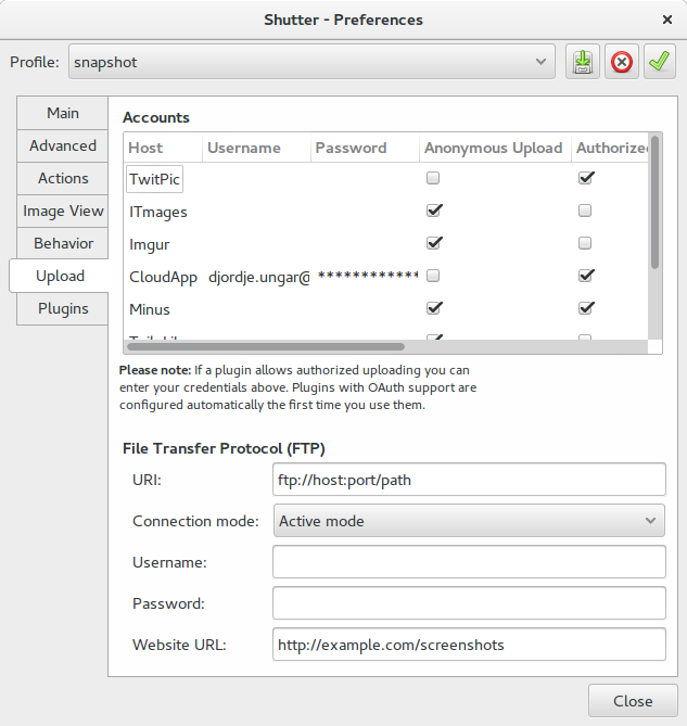 Shutter plugin preferences