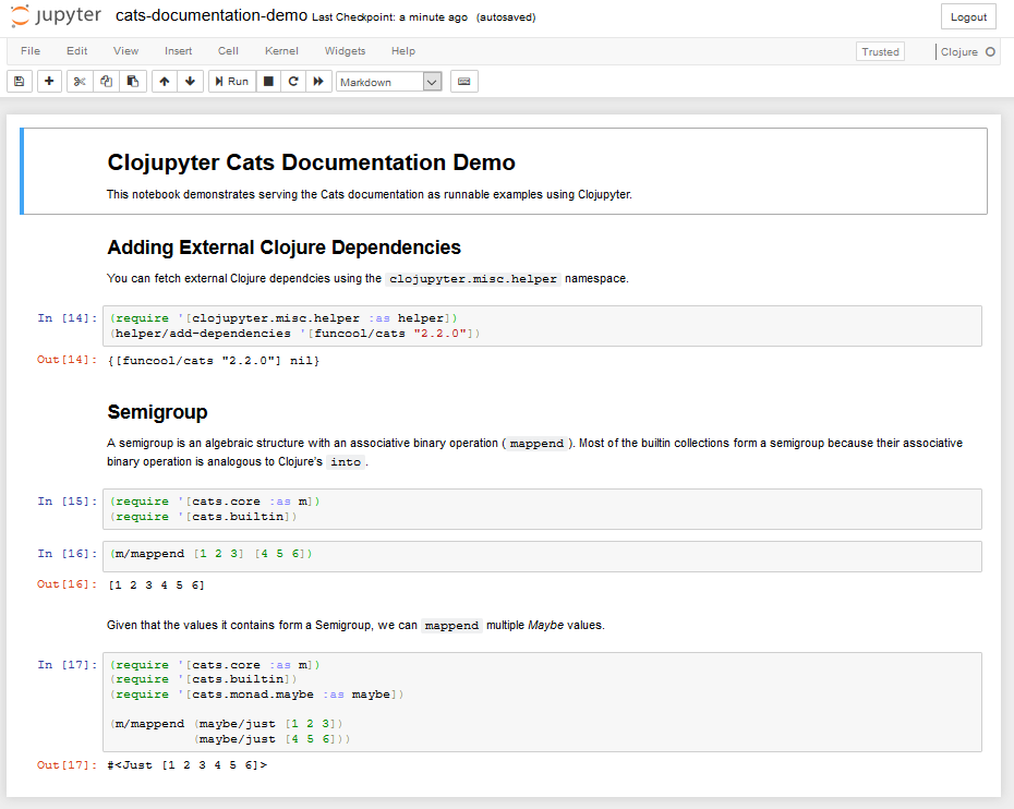 Screenshot of Cats Runnable Documentation PoC in Clojupyter