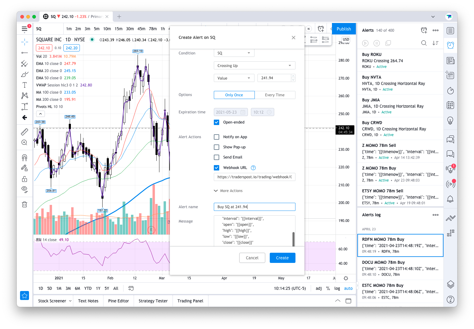 TradingView plain manually configured alert webhook.