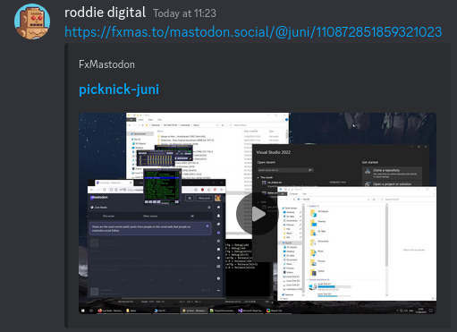 Screenshot of toot embed in Discord using fxMastodon showing only video