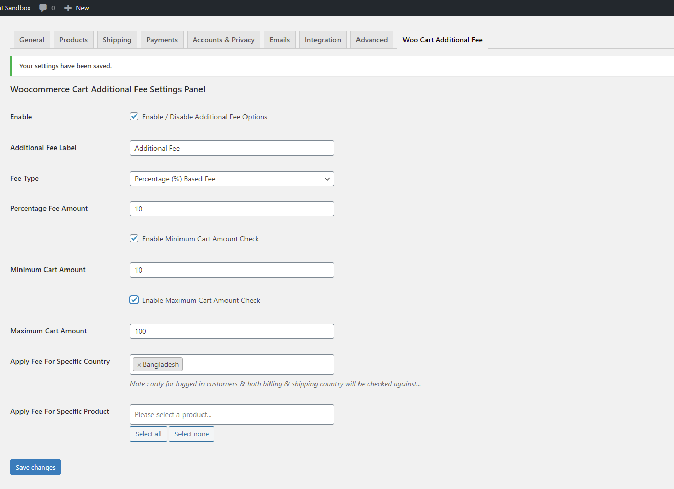 Settings panel for Woocommerce Cart Additional Fee Plugin.