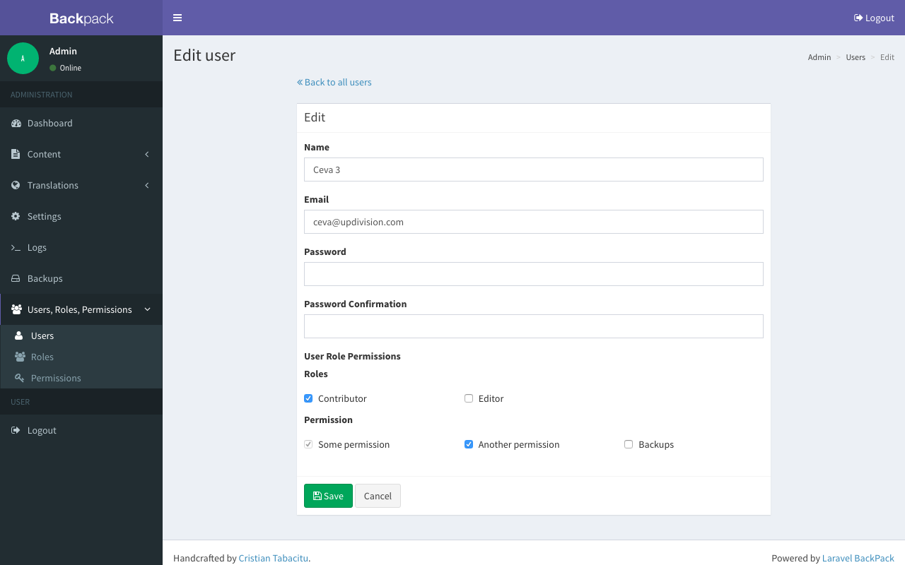 Edit a user in Backpack/PermissionManager