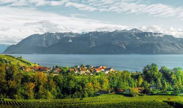 Lake Geneva and the Alps, in Lausanne, Switzerland