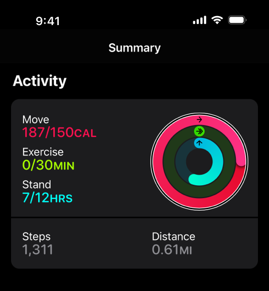 A partial screenshot of a summary screen in the Activity app on iPhone. The activity rings element has a frame around it, representing the active element in VoiceOver.