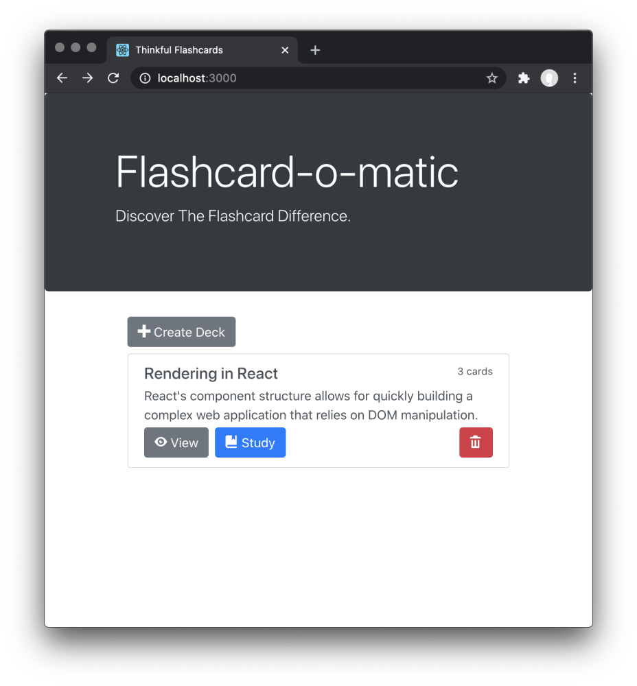 Home page for Flash card app