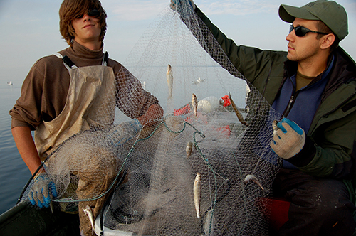 Image of two men holding a fishing net on their boat in one of the Great Lakes