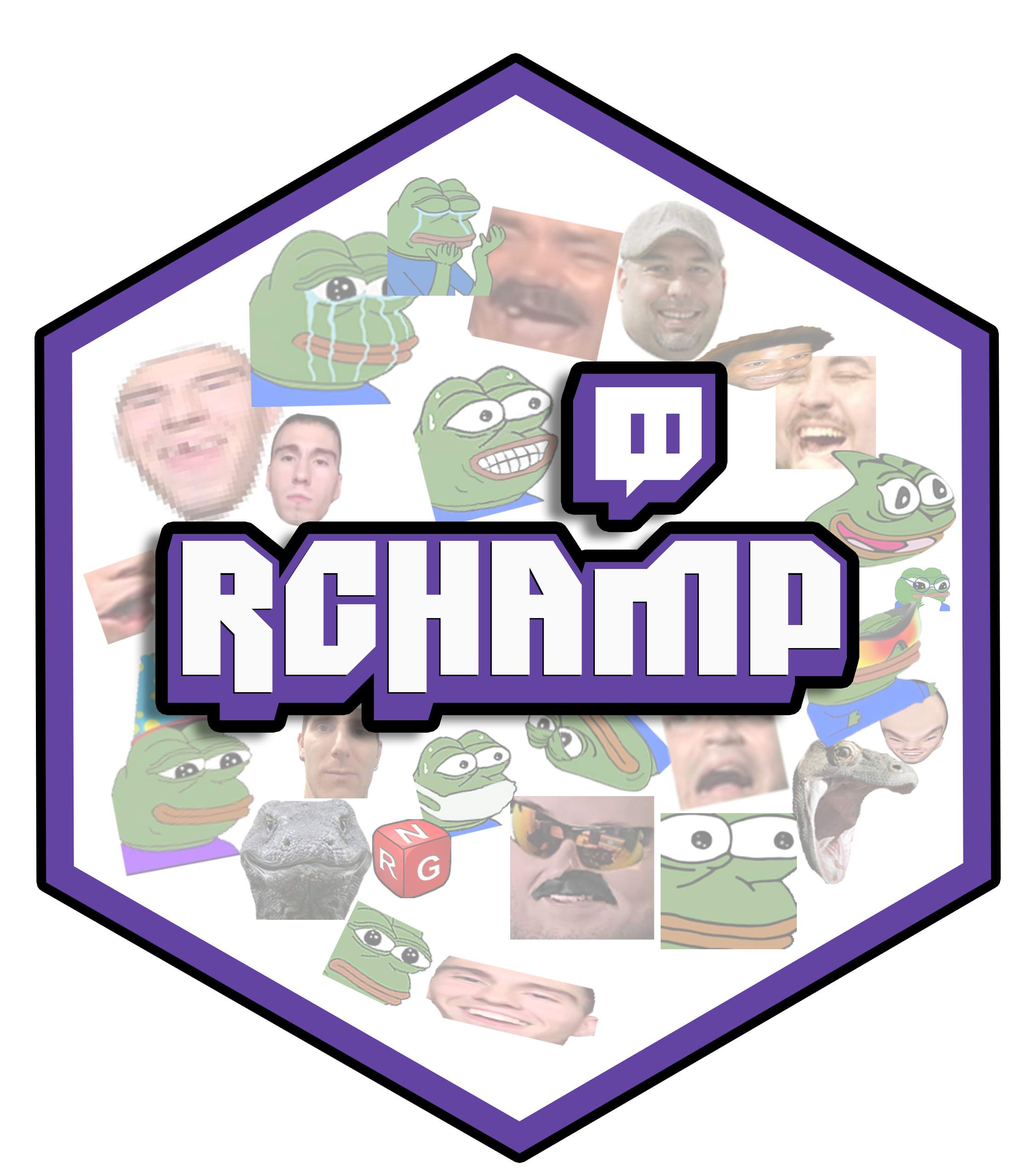 Hexagon-style R package image with twitch emoticons beneath the package title: R Champ